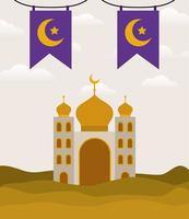 Eid Mubarak Tempel mit Mond und Banner Wimpel Vektor Design