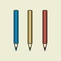 tre pennor är visad i en rad, söt penna karaktär platt tecknad serie vektor mall design illustration