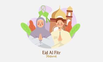 Lycklig muslim människor fira eid al-fitr mubarak illustration vektor