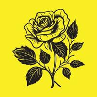 hoch detailliert Rose Blume schwarz Gliederung Vektor Illustration isoliert auf Gelb Hintergrund, Rose Hand Zeichnung skizzieren.