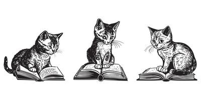 einstellen von ein Sitzplätze süß Katze lesen Buch Vektor schwarz Gliederung Silhouette isoliert auf Weiß Hintergrund.