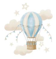 heiß Luft Ballon mit Sterne und Wolken. Aquarell Hand gezeichnet Illustration zum Baby Design im süß Pastell- Blau und Beige Farben. Zeichnung auf isoliert Hintergrund zum Neugeborene Dusche Gruß Karten vektor