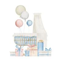 Baby Wiege mit Luft Luftballons und die Geschenke im Pastell- Blau und Beige Farben zum Neugeborene Dusche Gruß Karten oder Einladungen. Hand gezeichnet Jahrgang Illustration auf isoliert Hintergrund zum kindisch Design vektor