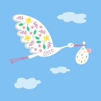 söt tecknad serie stork och bebis. illustration av en flygande fågel bärande en nyfödd bebis. design mall för hälsning kort, bebis dusch inbjudan, baner. Grattis nyfödd.vektor vektor