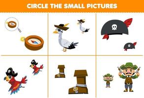 utbildning spel för barn cirkel de små bild av söt tecknad serie kompass hatt känga fågel och man tryckbar pirat kalkylblad vektor