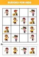 Bildung Spiel zum Kinder Sudoku zum Kinder mit süß Karikatur Jungs Charakter druckbar Pirat Arbeitsblatt vektor