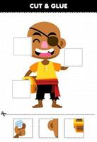 Bildung Spiel zum Kinder Schnitt und kleben Schnitt Teile von süß Karikatur kahl Charakter und kleben Sie druckbar Pirat Arbeitsblatt vektor