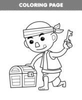 Bildung Spiel zum Kinder Färbung Seite von süß Karikatur kahl Mann versuchen zu öffnen Schatz Truhe Linie Kunst druckbar Pirat Arbeitsblatt vektor