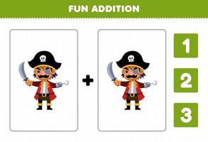 Bildung Spiel zum Kinder Spaß Zusatz durch Anzahl und wählen das richtig Antworten von süß Karikatur Kapitän Charakter druckbar Pirat Arbeitsblatt vektor