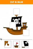 Bildung Spiel zum Kinder Schnitt und kleben Schnitt Teile von süß Karikatur Schiff und kleben Sie druckbar Pirat Arbeitsblatt vektor