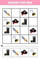 Bildung Spiel zum Kinder Sudoku zum Kinder mit süß Karikatur Stiefel Schwert Hut Haken druckbar Pirat Arbeitsblatt vektor