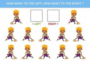 utbildning spel för barn av räkning vänster och rätt bild av söt tecknad serie moppning pojke tryckbar pirat kalkylblad vektor