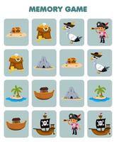 Bildung Spiel zum Kinder Erinnerung zu finden ähnlich Bilder von süß Karikatur Höhle Insel Schiff Schatz Truhe druckbar Pirat Arbeitsblatt vektor