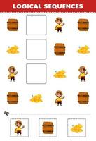 utbildning spel för barn logisk sekvenser för barn med söt tecknad serie skallig man tunna och guld tryckbar pirat kalkylblad vektor