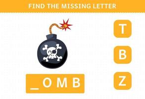 utbildning spel för barn hitta saknas brev av söt tecknad serie bomba tryckbar pirat kalkylblad vektor