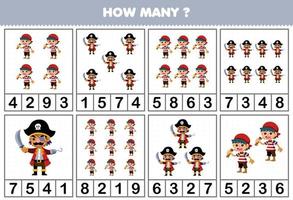 Bildung Spiel zum Kinder Zählen Wie viele süß Karikatur Charakter im jeder Tabelle druckbar Pirat Arbeitsblatt vektor
