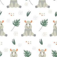 nahtlos Muster mit süß Nashorn und Blätter. afrikanisch charmant Tier und Pflanze im eben Stil. geeignet zum das Design von Kinder- Textilien, Verpackung Papier, Hintergrund. Karikatur Vektor Nashorn.