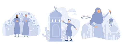 fira eid al fitr, ramadan ögonblick, ramadan hälsning kort, uppsättning platt vektor modern illustration