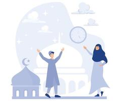 glücklich Ramadan Mubarak Gruß Konzept, Aktivität von Fasten Menschen, eben Vektor modern Illustration