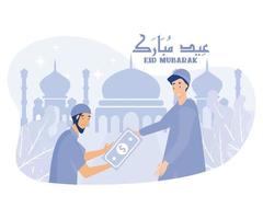 ung muslim man ger pengar till hemlös människor, eid mubarak, platt vektor modern illustration