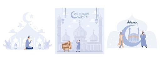 muslim bön ramadan hälsning vykort, islamic bakgrund, muslim barn erbjudande namaaz för eid mubarak, uppsättning platt vektor modern illustration