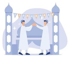 Kalligraphie von eid Mubarak Text mit Männer halten Hände jeder andere, Moschee Hintergrund. eben Vektor modern Illustration