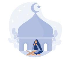 Ramadan Nacht, Muslim Frau lesen al Koran, eben Vektor modern Illustration