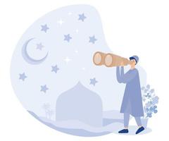 muslim person ser för hilal på natt himmel med teleskop, startande ramadan fasta månad, platt vektor modern illustration