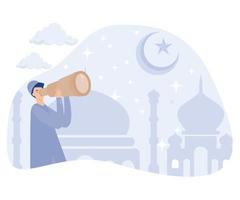 Muslim suchen das Neu Mond oder hilal mit Fernrohr, Signale Start von das islamisch heilig Monat von Ramadan Fasten, eben Vektor modern Illustration