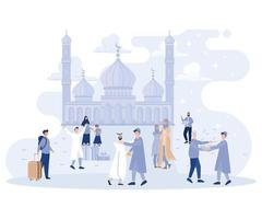 Muslim eid fitr feiern Gruß Karte. Menschen Fest von brechen das schnell, eben Vektor modern Illustration