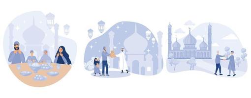 moslem familj iftar, zakat ger välgörenhet, muslims träffa sedan skaka händer, ramadan kareem aktivitet, uppsättning platt vektor modern illustration