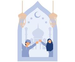 Ramadan kareem Gruß Karte, Muslim Kinder mit Fanoos Laterne, Moschee, Halbmond Mond, Sterne, eben Vektor modern Illustration