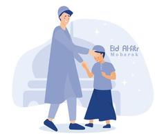 ramadan kareem mubarak Lycklig moslem familj fira eid al fitr till Allt muslim, platt vektor modern illustration