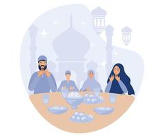 Moslem Familie iftar genießen Ramadan kareem Mubarak zusammen im Glück während Fasten mit Mahlzeit, eben Vektor modern Illustration