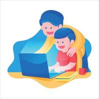 ein Junge mit seine Vater Lernen online im Schule von Zuhause Aktivität, Studie im Vorderseite von Laptop und Bücher bunt Thema Vektor Illustration