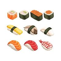 realistisk traditionell japansk mat sushi hand dragen tecknad serie illustration vektor