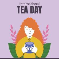 Illustration Vektor Grafik von Frau ist Einatmen das Aroma von Tee von ein Tasse, perfekt zum International Tag, International Tee Tag, zelebrieren, Gruß Karte, usw.