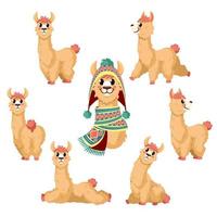 Lama. Karikatur Alpaka, Lama komisch Tier im verschiedene Körperhaltungen mit Chile oder Peru traditionell Kleider Vektor isoliert Zeichen
