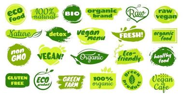 organisk eco etiketter. friska, färsk, bio, naturlig, gluten fri, vegan mat bricka. eco produkt logotyp med hand dragen element vektor uppsättning