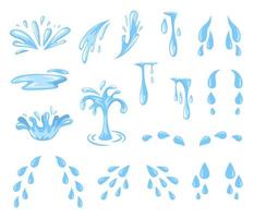 tecknad serie stänk och droppar. tårar, svettas eller vatten spray och flöde, faller blå vatten droppar. regndroppar, pöl isolerat vektor uppsättning