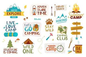 camping text. sommar läger, reser, berg vandring. äventyr citat och fraser med hand dragen klotter element vektor uppsättning