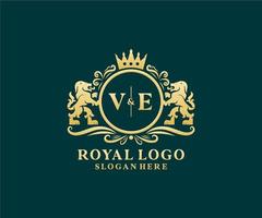 Initial ve Letter Lion Royal Luxury Logo Vorlage in Vektorgrafiken für Restaurant, Lizenzgebühren, Boutique, Café, Hotel, heraldisch, Schmuck, Mode und andere Vektorillustrationen. vektor