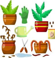 uppsättning av inhemsk växter. grön och torr löv. Utrustning för vård av blommor. brun pott. tecknad serie platt illustration. vattning burk, bruka handskar, sax och frön, pöl av vatten vektor