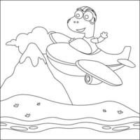 Vektor Illustration von süß Dinosaurier Pilot fliegt im das Himmel auf ein Flugzeug. kreativ Vektor kindisch Design zum Kinder Aktivität Färbung Buch oder Buchseite.