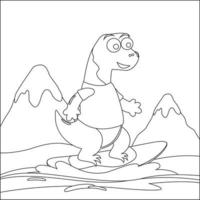 Vektor Illustration von Surfen Zeit mit süß wenig Dinosaurier beim Sommer. kindisch Design zum Kinder Aktivität Färbung Buch oder Buchseite.