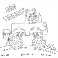 vektor illustration av monster lastbil med söt djur- förare. tecknad serie isolerat vektor illustration, kreativ vektor barnslig design för barn aktivitet färg bok eller sida.