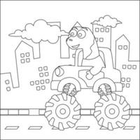 vektor illustration av monster lastbil med söt dinosaurie förare. tecknad serie isolerat vektor illustration, kreativ vektor barnslig design för barn aktivitet färg bok eller sida.