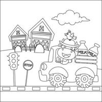 ko och lastbil rolig tecknad serie, barnslig design för barn aktivitet färg bok eller sida. vektor
