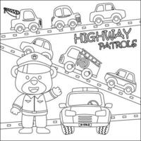 söt Björn polis patrullera på motorväg. tecknad serie isolerat vektor illustration, kreativ vektor barnslig design för barn aktivitet färg bok eller sida.