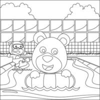 süß zwei Bär im Schwimmen Ring. Sommer- Konzept Tier Karikatur Charakter Design, kindisch Design zum Kinder Aktivität Färbung Buch oder Buchseite. vektor